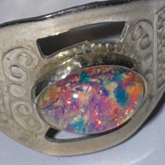 Vintage 1970s Silver 925 Panel Bracelet Faux Opal Beads Cabochons Mexico - Picture 12 of 14